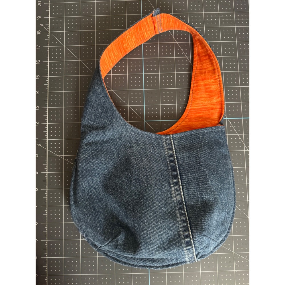 Handmade Upcycled Denim Hobo Bag Blue Jean Shoulder Purse Orange Lining Boho